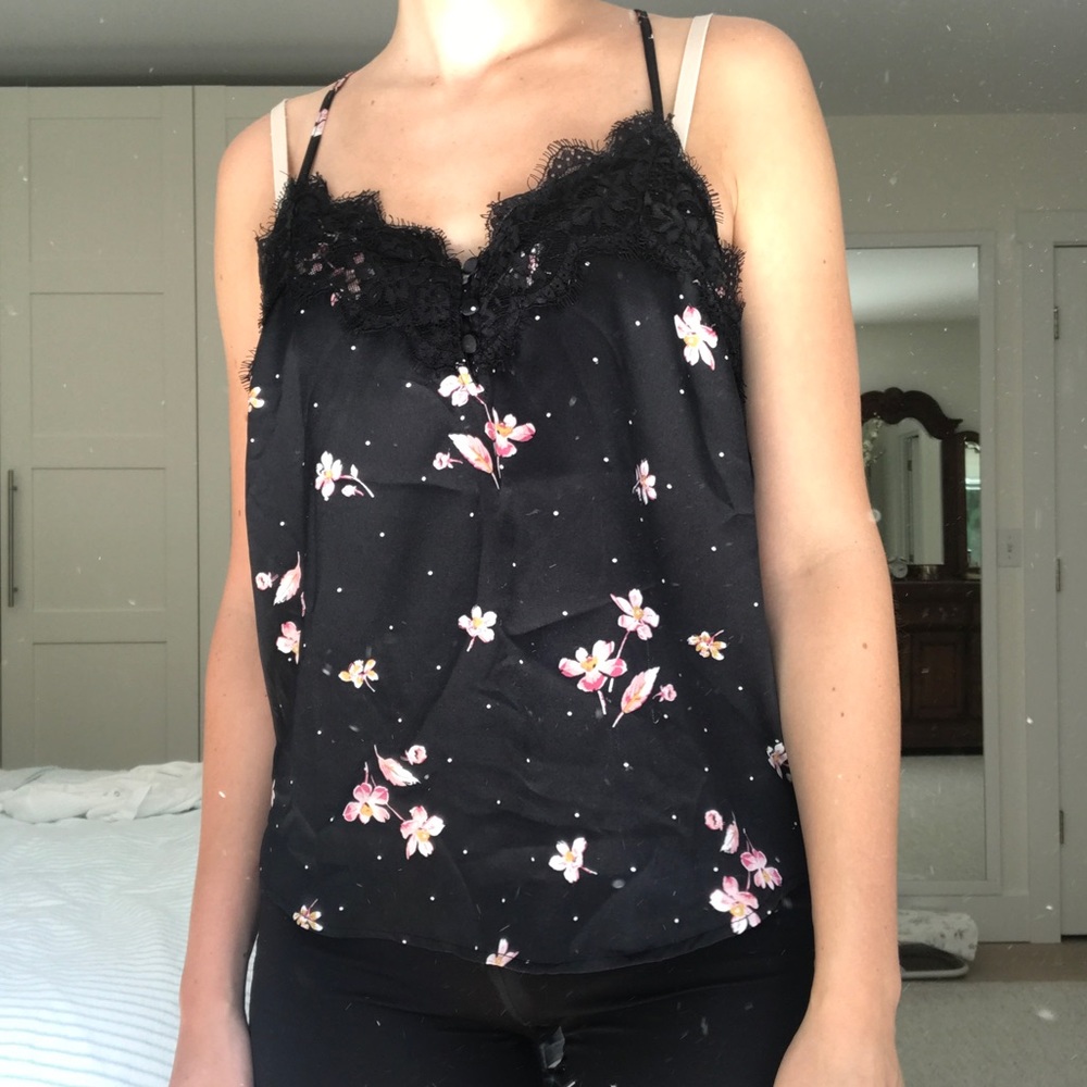 Silky black floral tank top.